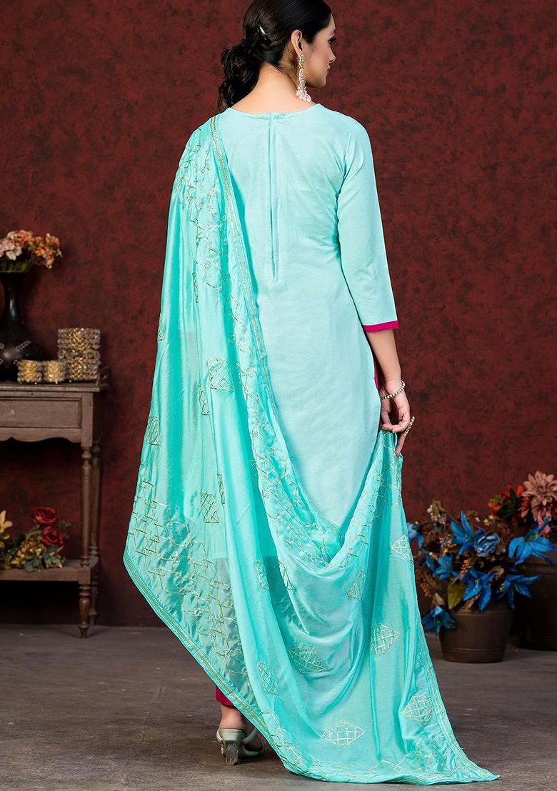 Blue Ethnic Motifs Embroidered Poly Blend Kurta Set