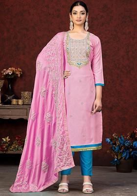 Pink Ethnic Motifs Embroidered Poly Blend Kurta Set