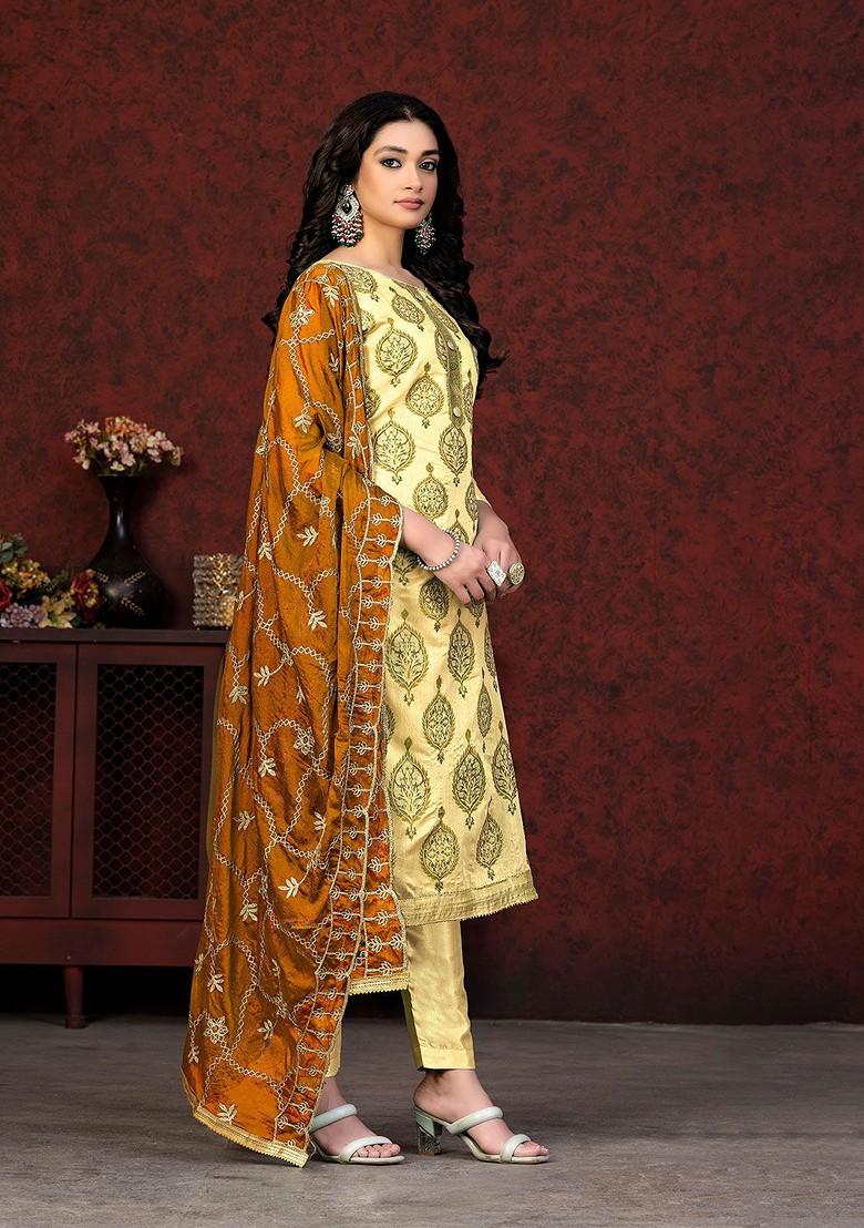 Mustard Yellow Ethnic Motifs Printed Poly Blend Kurta Set