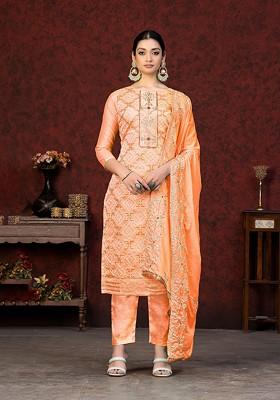 Peach Bandhani Print Poly Blend Kurta Set