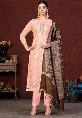 Peach Ethnic Motifs Woven Poly Blend Kurta Set