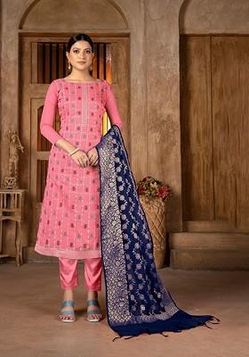 Peach Floral Woven Design Poly Blend Kurta Set