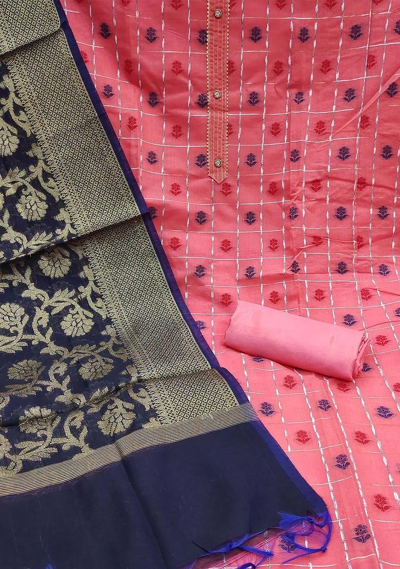 Peach Floral Woven Design Poly Blend Kurta Set