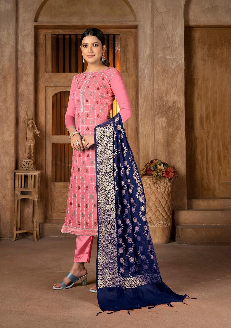 Peach Floral Woven Design Poly Blend Kurta Set