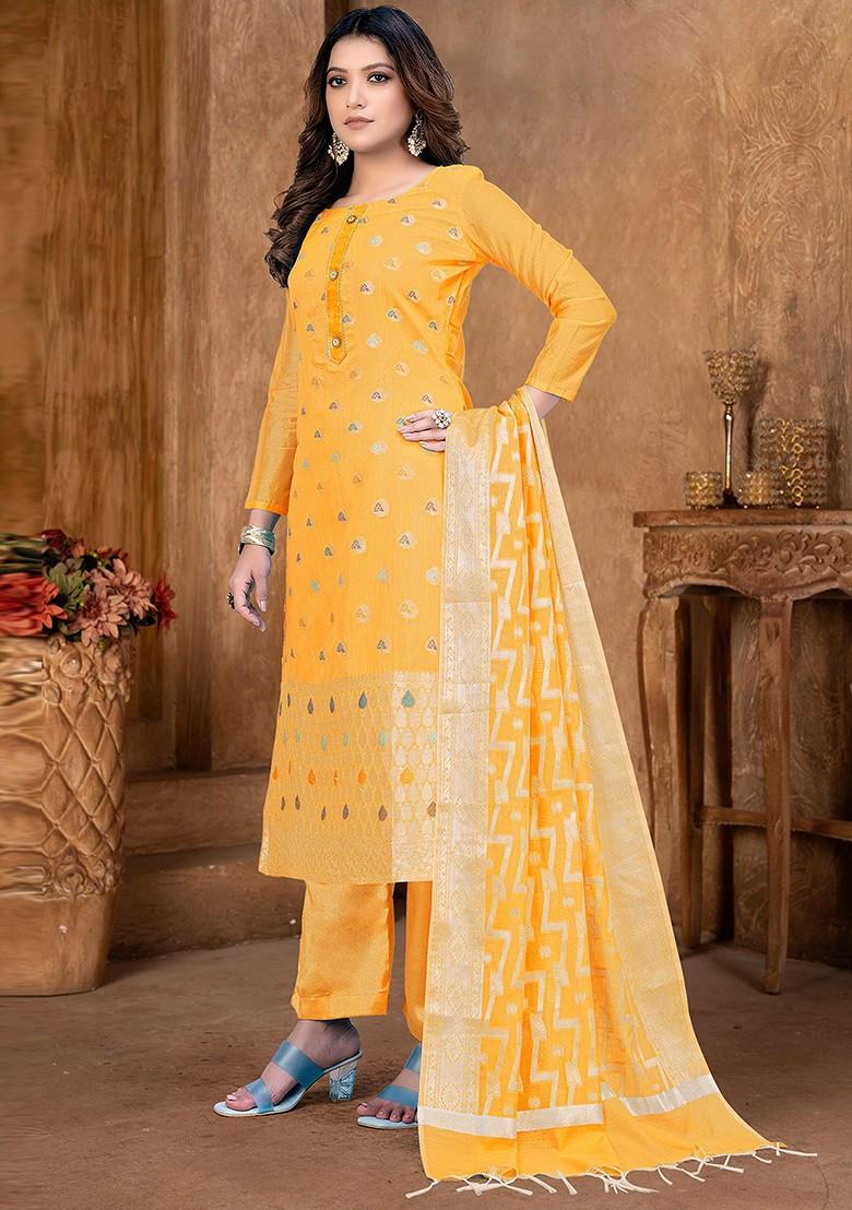 Yellow Ethnic Motifs Woven Poly Blend Kurta Set