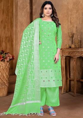 Green Ethnic Motifs Woven Poly Blend Kurta Set