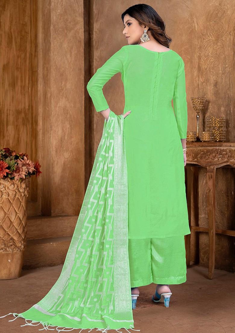 Green Ethnic Motifs Woven Poly Blend Kurta Set