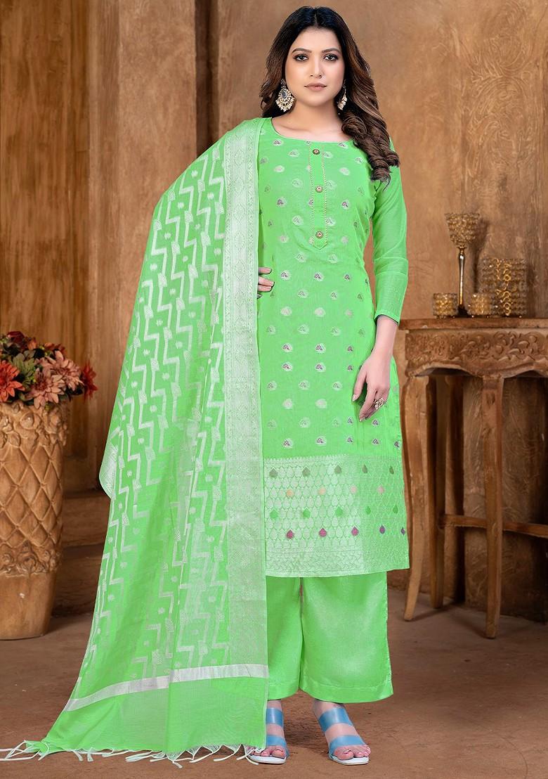 Green Ethnic Motifs Woven Poly Blend Kurta Set