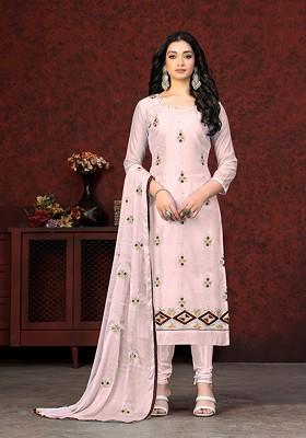 Pink Ethnic Motifs Embroidered Poly Blend Kurta Set