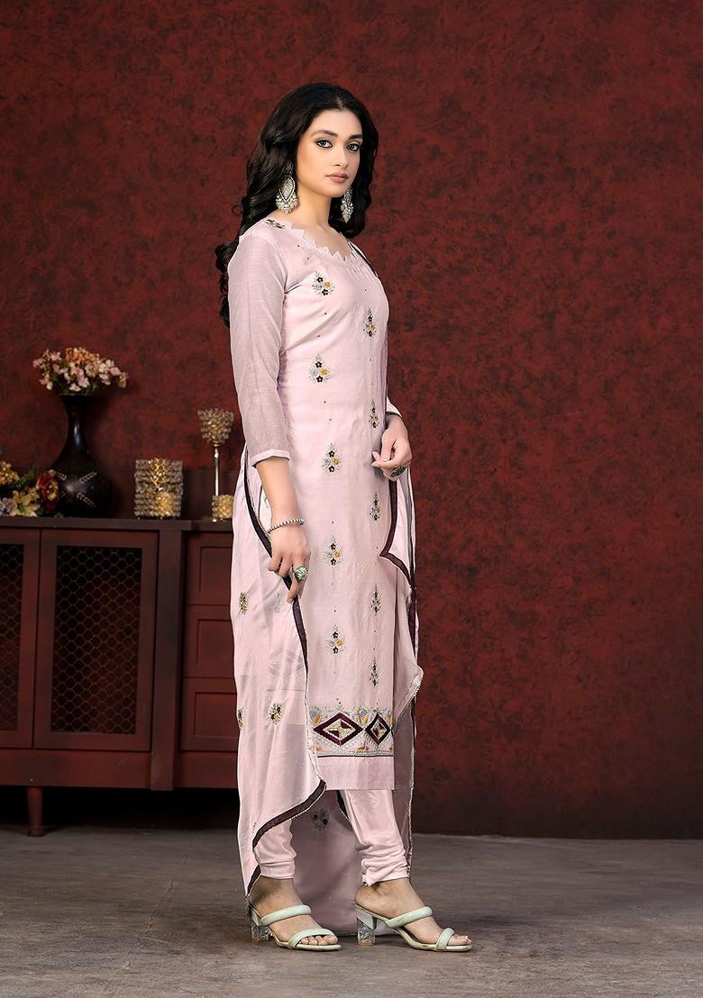 Pink Ethnic Motifs Embroidered Poly Blend Kurta Set