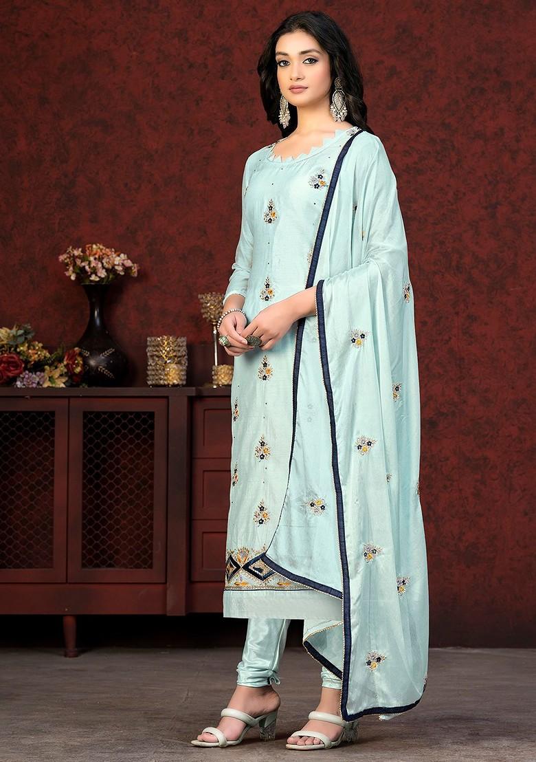 Sea Green Embroidered Poly Blend Kurta Set