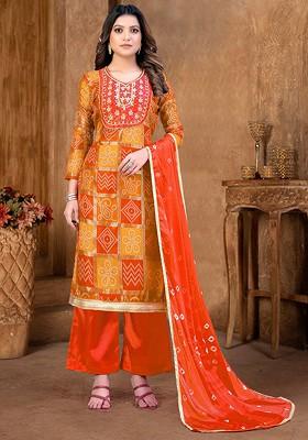 Orange Bandhani Print Poly Blend Kurta Set