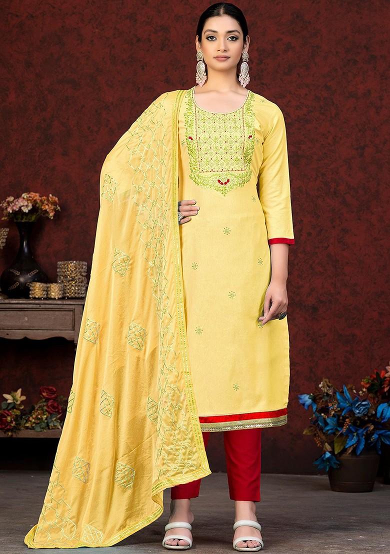 Yellow Embroidered Poly Blend Kurta Set