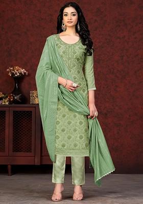 Green Floral Print Poly Blend Kurta Set