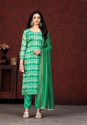 Green Printed Poly Blend Kurta Set