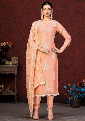 Peach Floral Embroidered Poly Blend Kurta Set