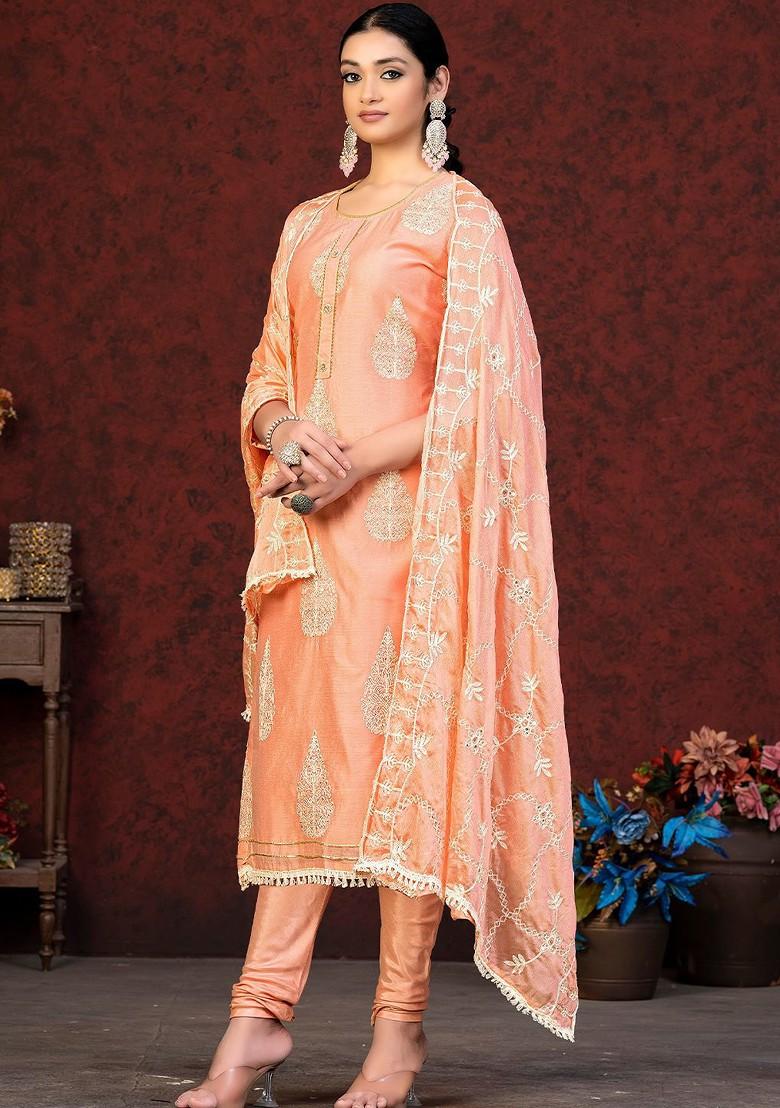 Peach Floral Embroidered Poly Blend Kurta Set