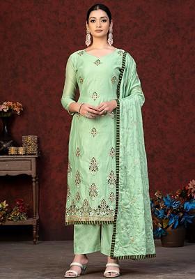 Green Floral Embroidered Poly Blend Kurta Set