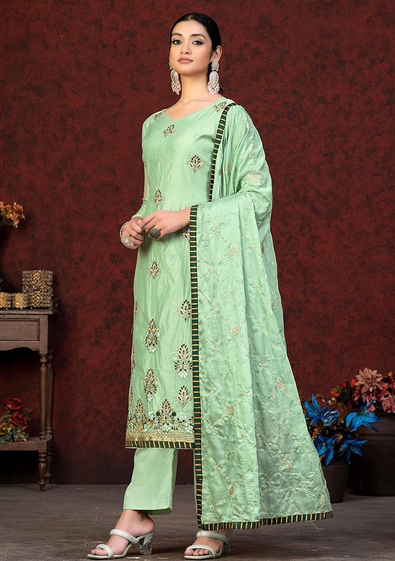 Green Floral Embroidered Poly Blend Kurta Set