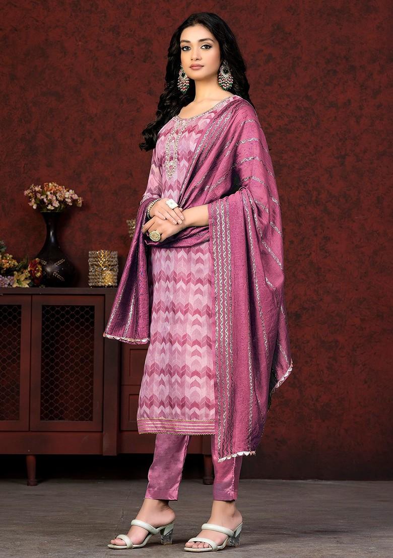 Pink Printed Poly Blend Kurta Set