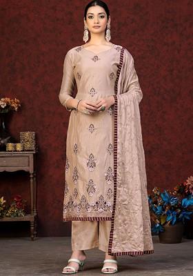 Pink Floral Embroidered Poly Blend Kurta Set