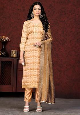 Brown Geometric Print Poly Blend Kurta Set