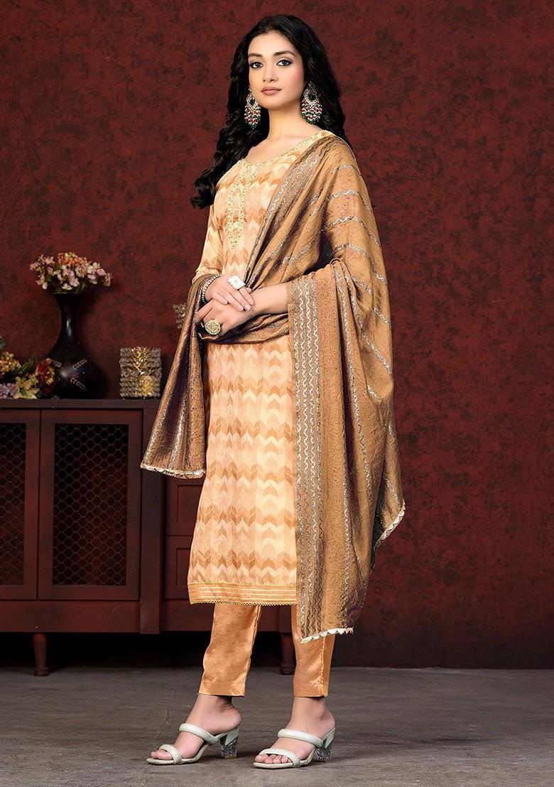Brown Geometric Print Poly Blend Kurta Set
