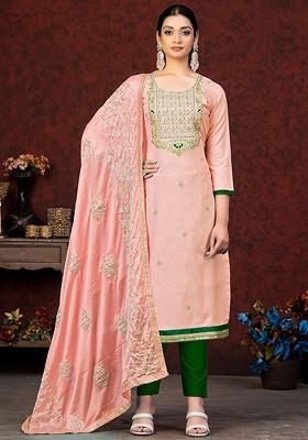 Peach Ethnic Motifs Embroidered Poly Blend Kurta Set