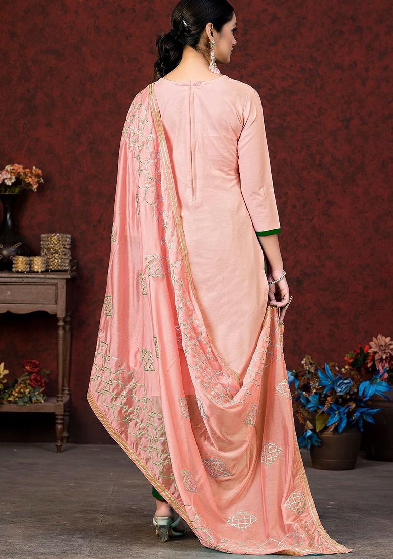 Peach Ethnic Motifs Embroidered Poly Blend Kurta Set