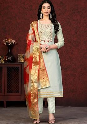 Sea Green Embroidered Poly Blend Kurta Set