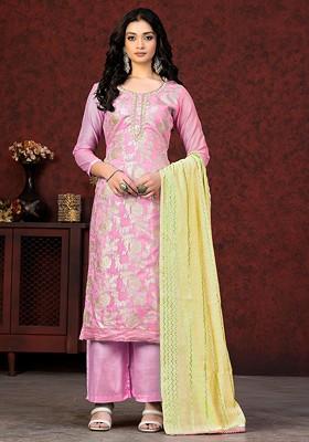 Pink Woven Poly Blend Kurta Set