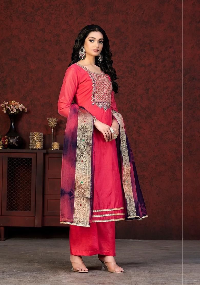 Pink Ethnic Motifs Embroidered Poly Blend Kurta Set
