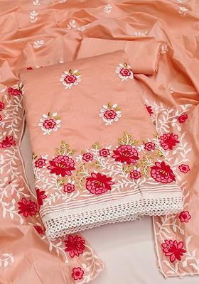 Peach Floral Embroidered Poly Blend Kurta Set