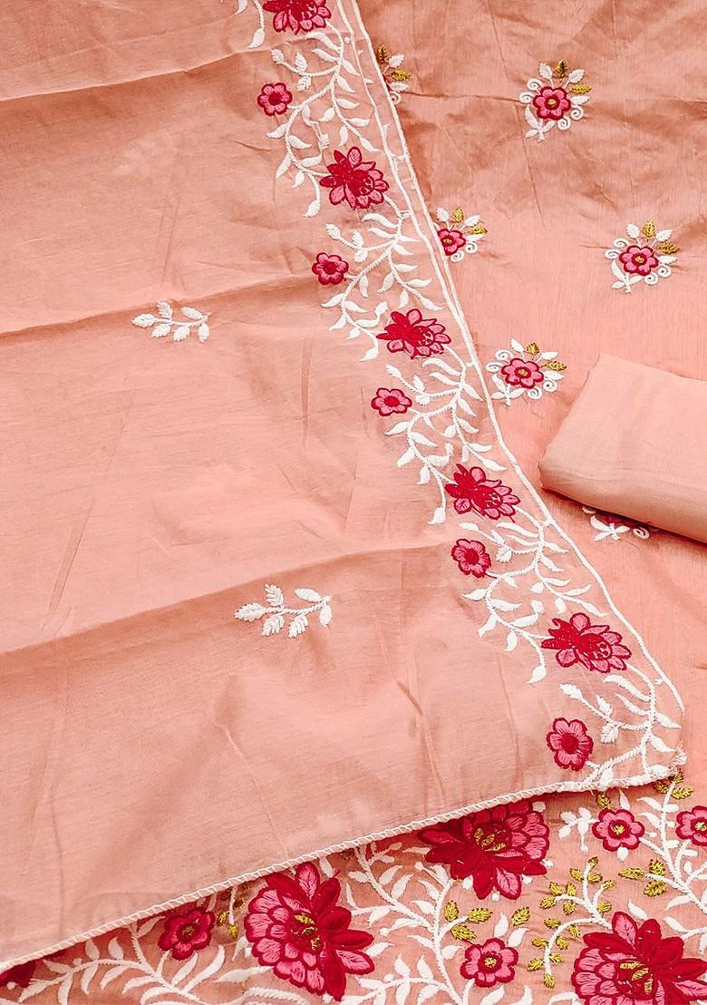 Peach Floral Embroidered Poly Blend Kurta Set