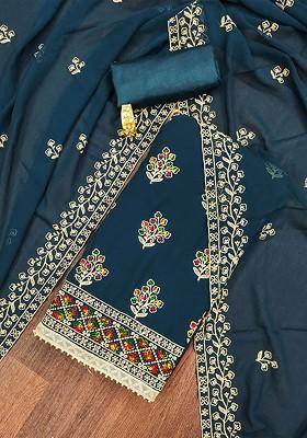 Teal Blue Floral Embroidered Silk Georgette Kurta Set