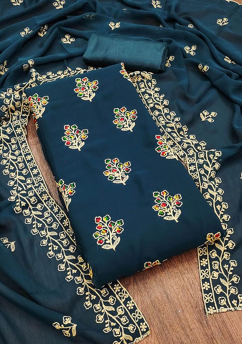 Teal Blue Floral Embroidered Silk Georgette Kurta Set