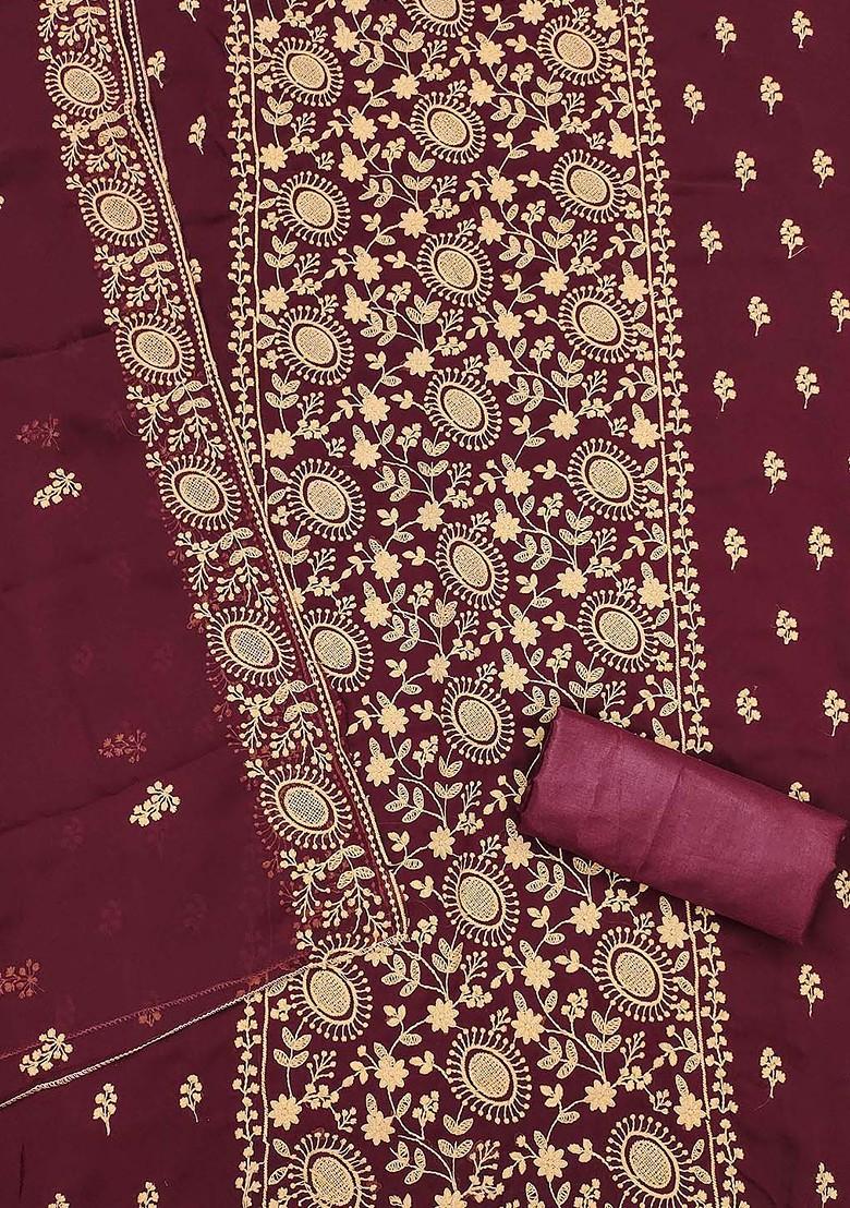 Maroon Floral Embroidered Poly Blend Kurta Set