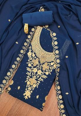Blue Ethnic Motifs Embroidered Poly Blend Kurta Set