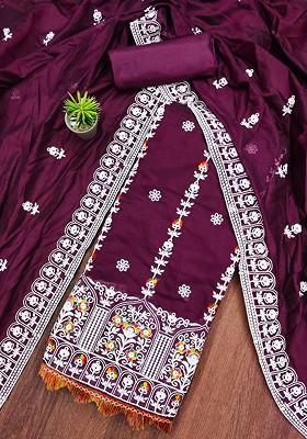 Purple Floral Embroidered Poly Blend Kurta Set