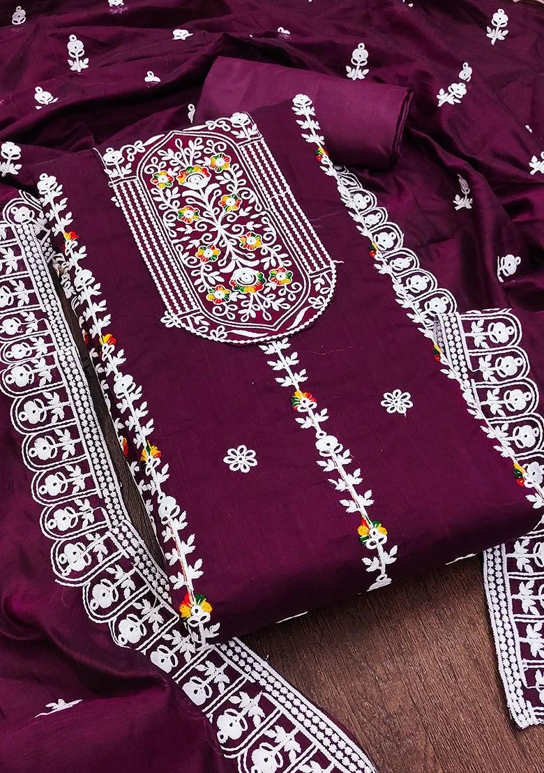 Purple Floral Embroidered Poly Blend Kurta Set