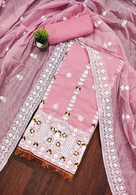 Pink Floral Embroidered Poly Blend Kurta Set