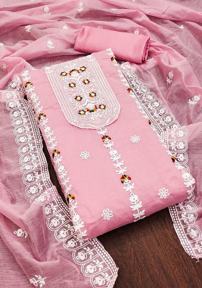 Pink Floral Embroidered Poly Blend Kurta Set