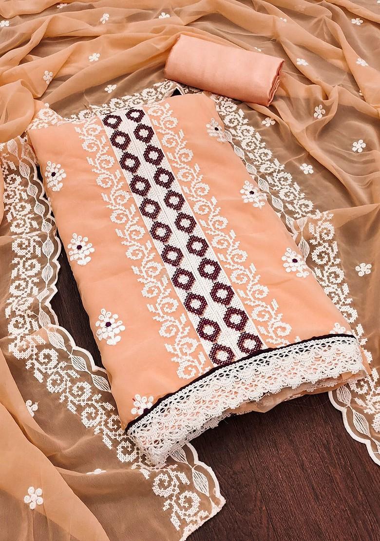 Peach Floral Embroidered Silk Georgette Kurta Set
