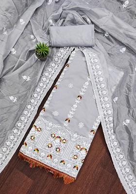 Grey Embroidered Poly Blend Kurta Set