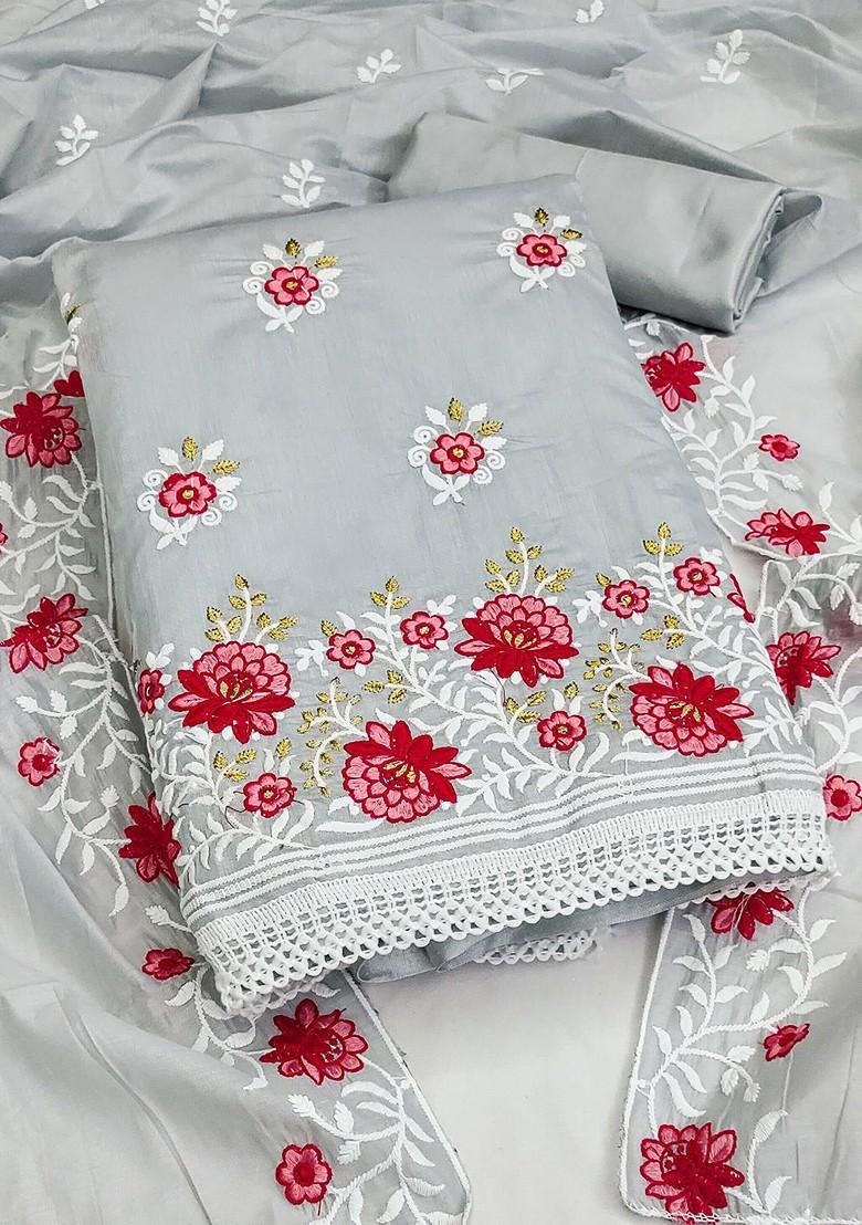 Grey Floral Embroidered Cotton Kurta Set