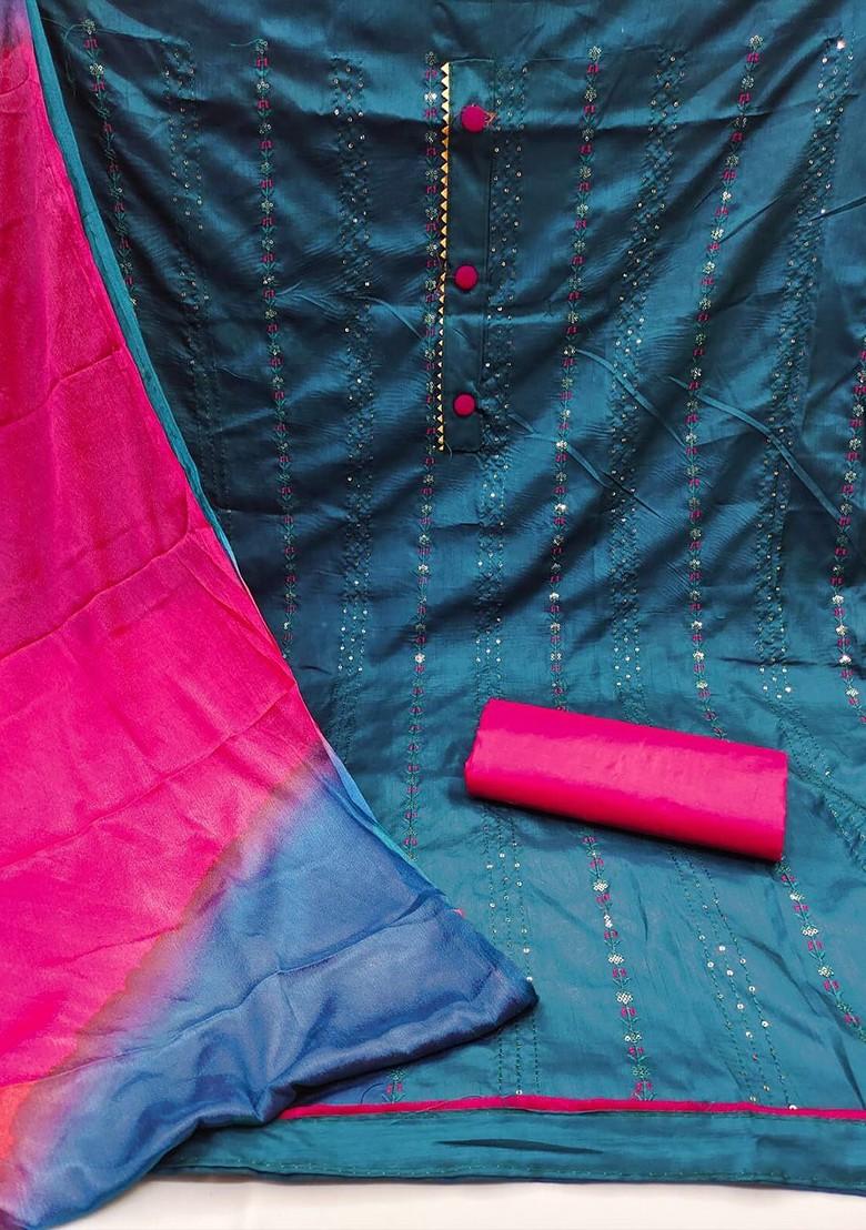 Teal Blue Ethnic Motifs Embroidered Poly Blend Kurta Set