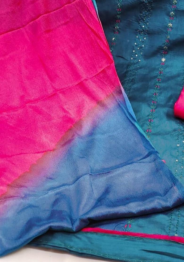 Teal Blue Ethnic Motifs Embroidered Poly Blend Kurta Set