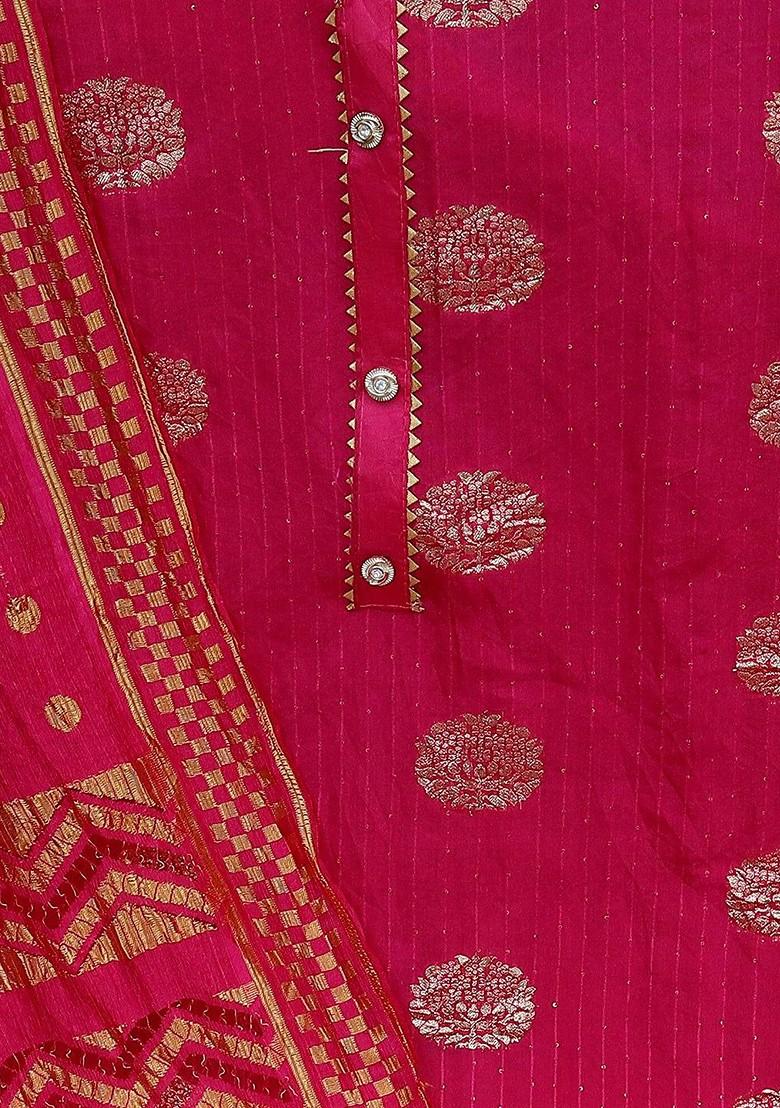 Pink Ethnic Motifs Woven Poly Blend Kurta Set