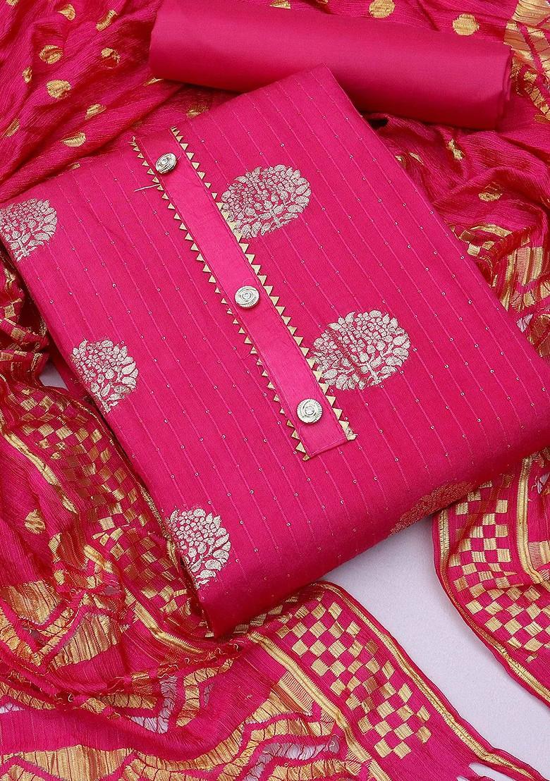Pink Ethnic Motifs Woven Poly Blend Kurta Set
