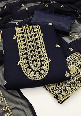 Navy Blue Ethnic Motifs Embroidered Poly Blend Kurta Set